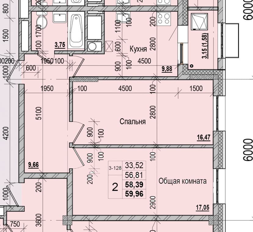2 комн., 58.39 м²