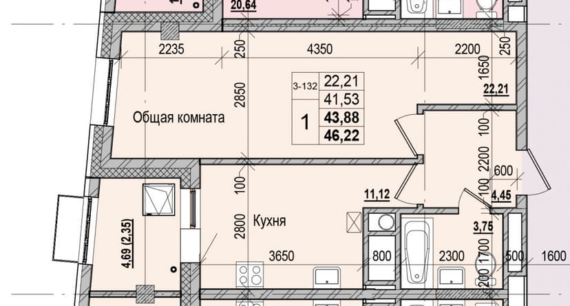 1 комн., 43.88 м²