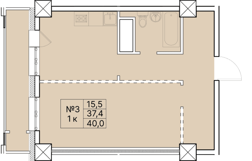 1 комн., 40.00 м²