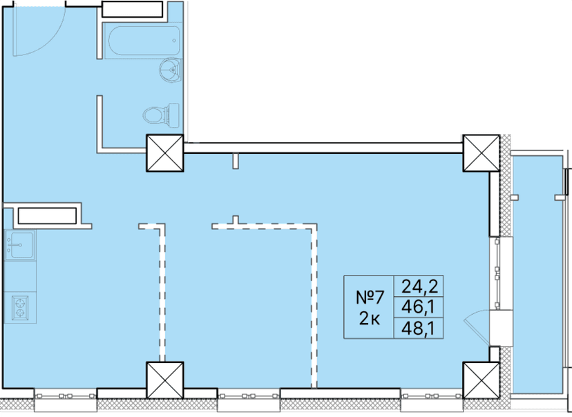 2 комн., 48.10 м²
