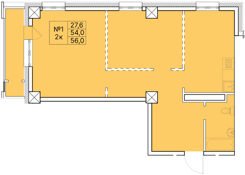 2 комн., 56.00 м²