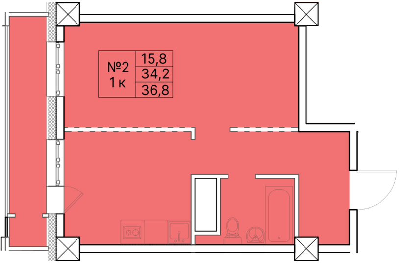 1 комн., 36.80 м²