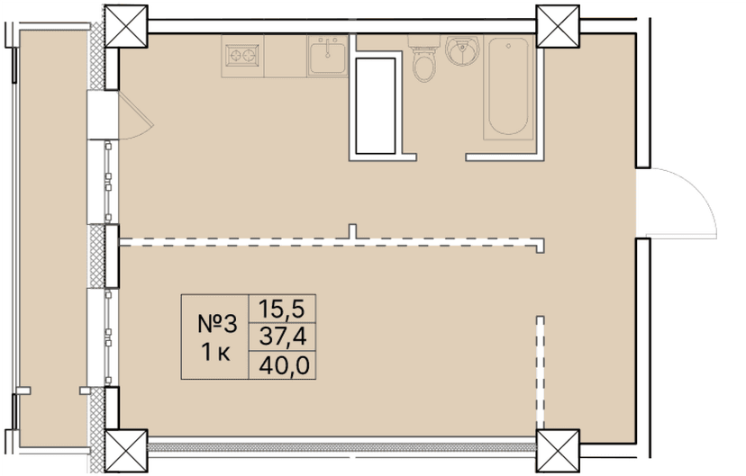 1 комн., 40.00 м²