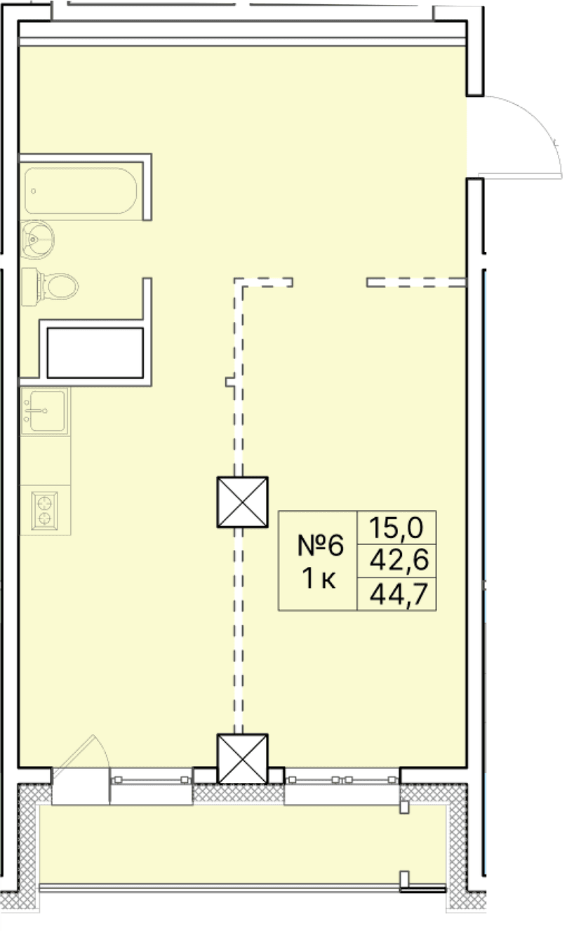 1 комн., 44.70 м²