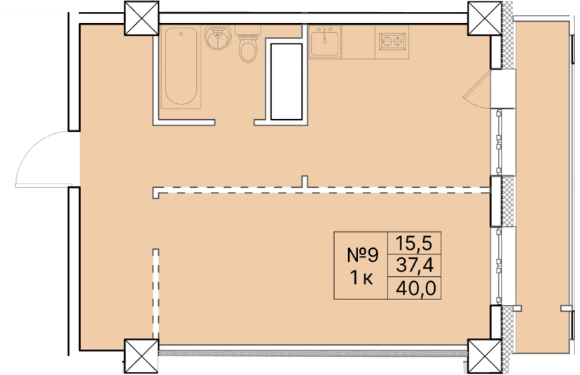 1 комн., 40.00 м²