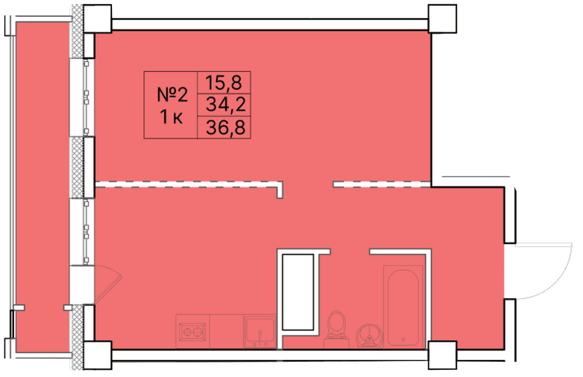 1 комн., 36.80 м²
