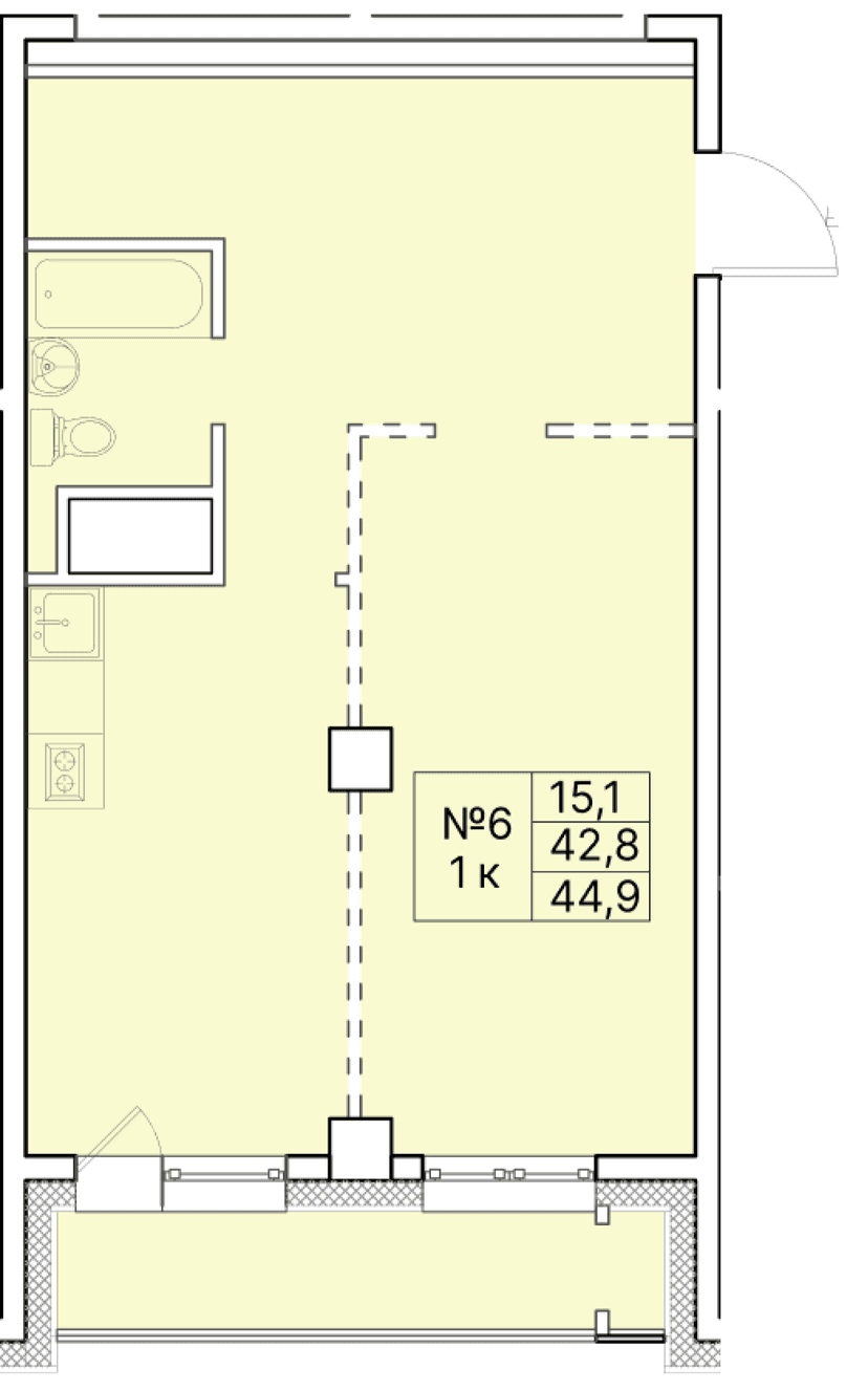 1 комн., 44.90 м²