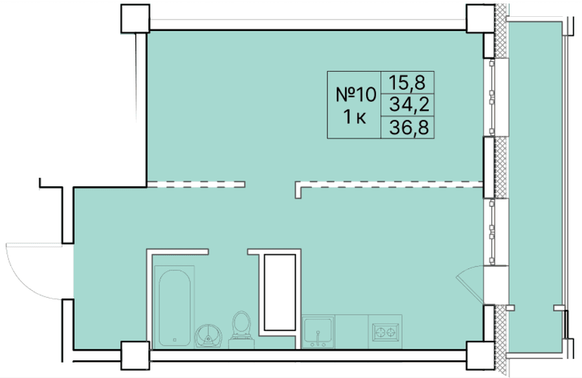 1 комн., 36.80 м²