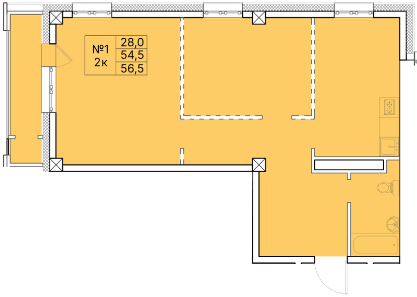 2 комн., 56.50 м²