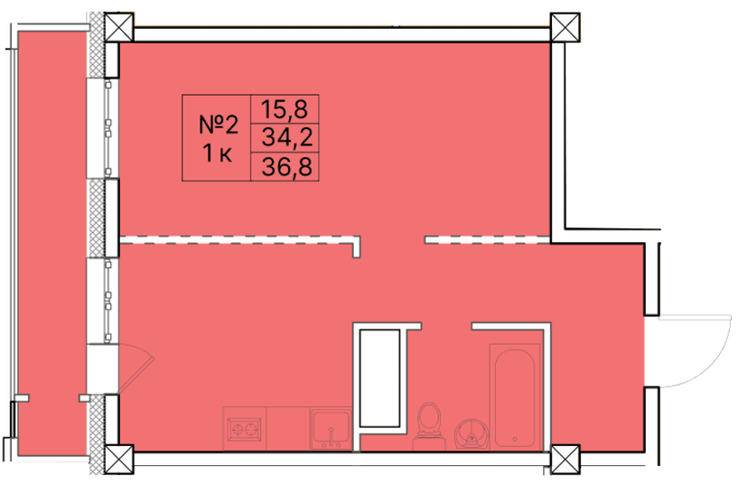 1 комн., 36.80 м²