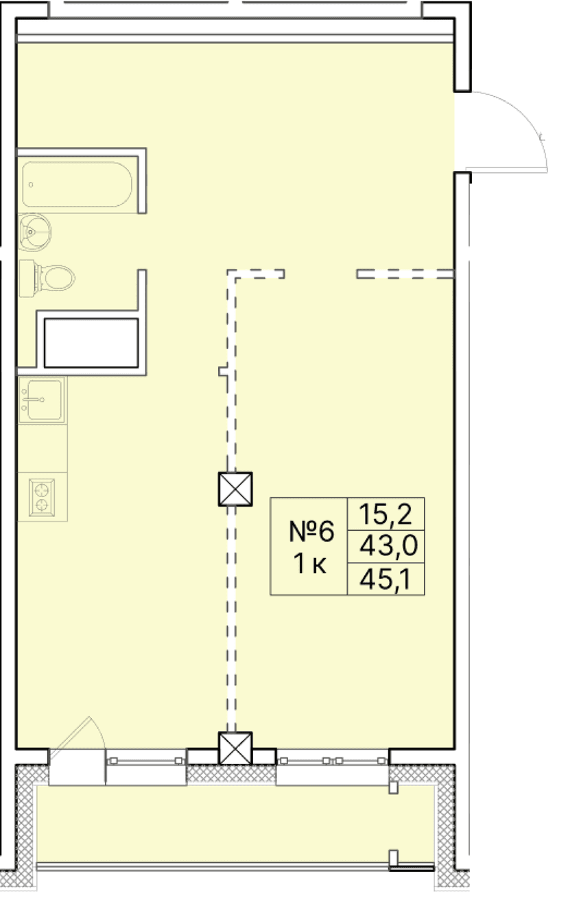 1 комн., 45.10 м²