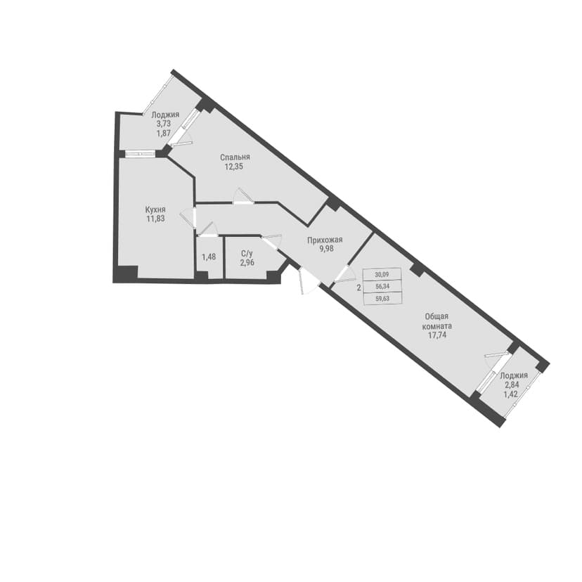 2 комн., 59.63 м²