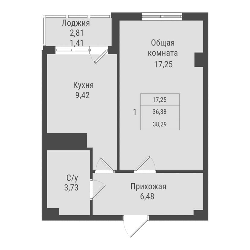 1 комн., 38.29 м²