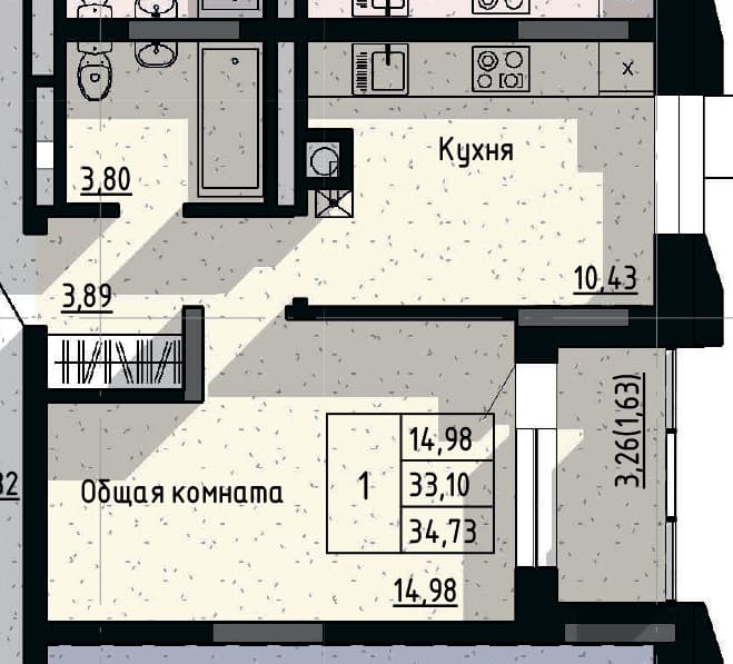 1 комн., 34.73 м²