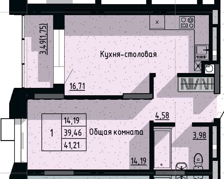 1 комн., 41.21 м²