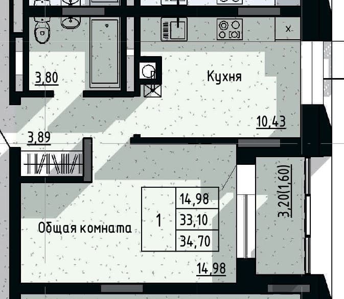 1 комн., 34.70 м²