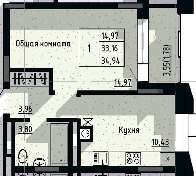 1 комн., 34.94 м²