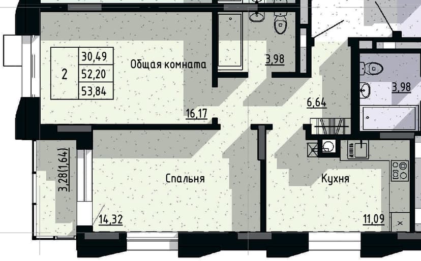 2 комн., 53.84 м²