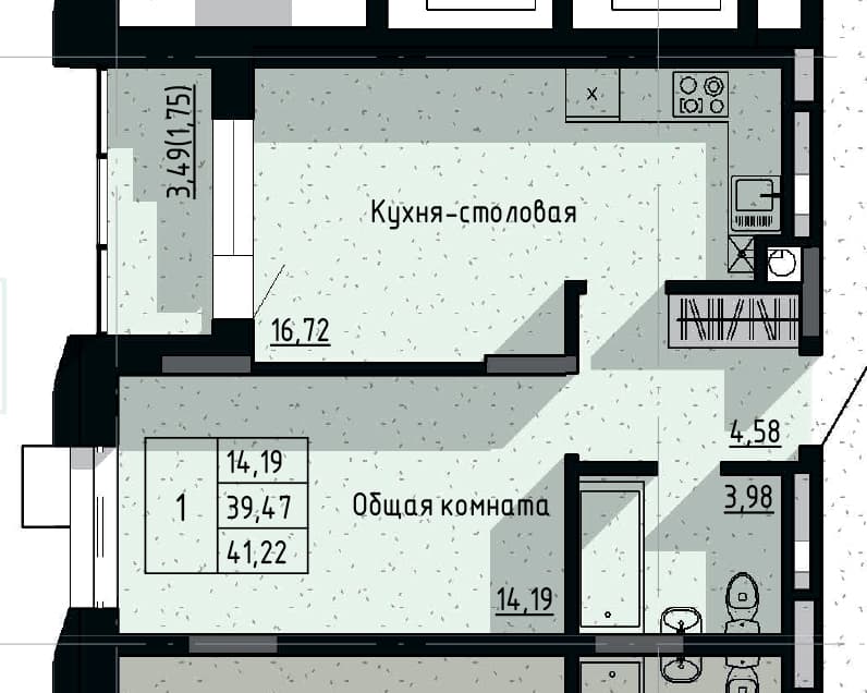 1 комн., 41.22 м²