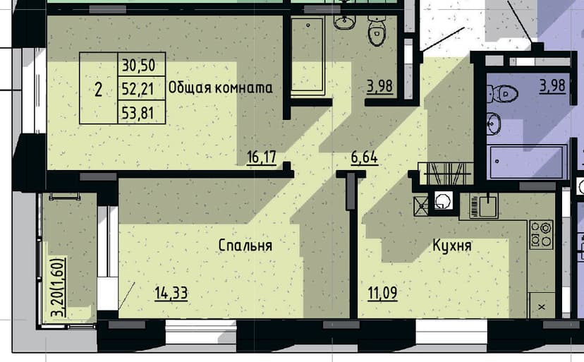 2 комн., 53.81 м²