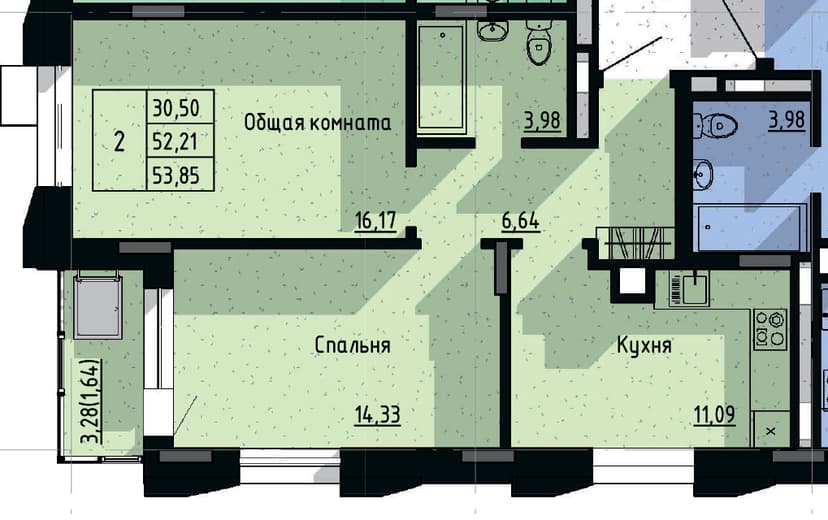 2 комн., 53.85 м²