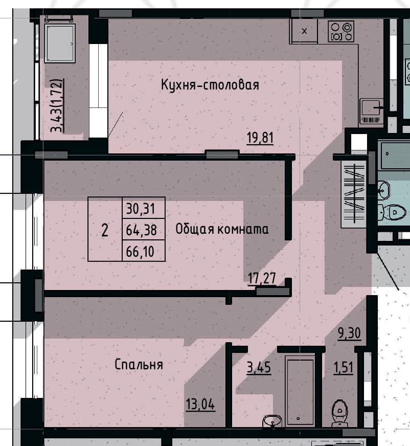 2 комн., 66.10 м²