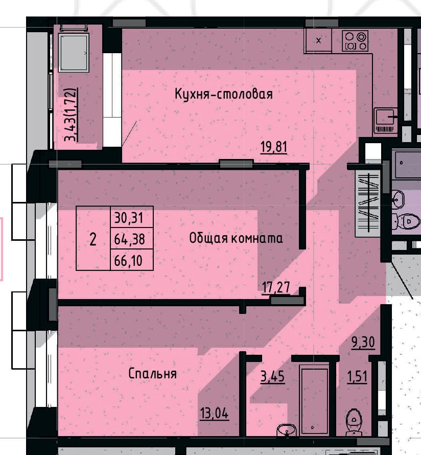 2 комн., 66.10 м²