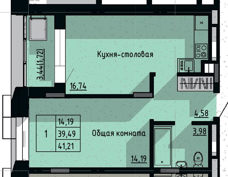 1 комн., 41.21 м²