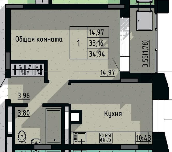 1 комн., 34.94 м²