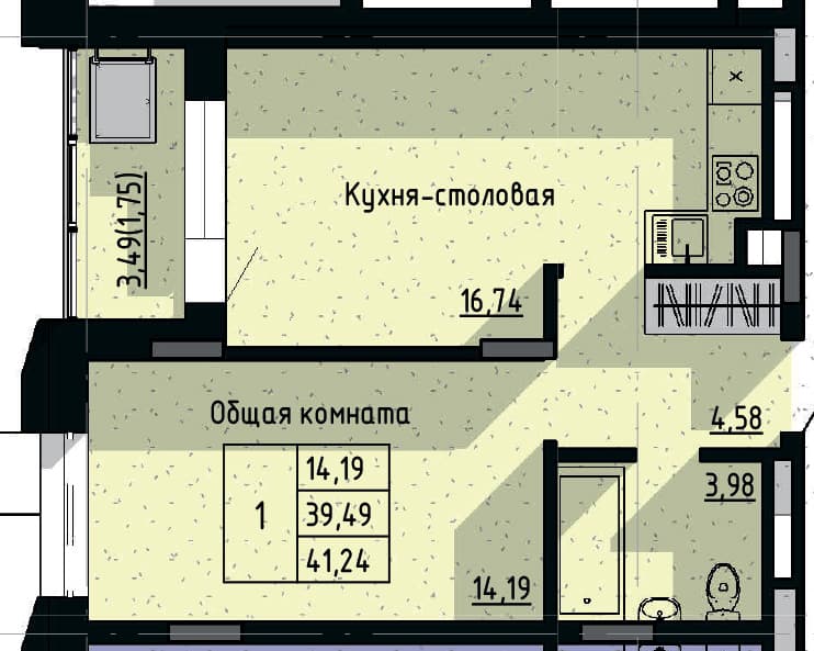 1 комн., 41.24 м²