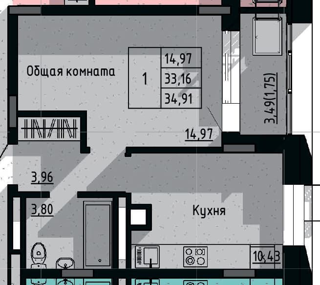 1 комн., 34.91 м²