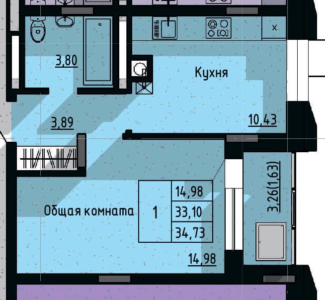 1 комн., 34.73 м²