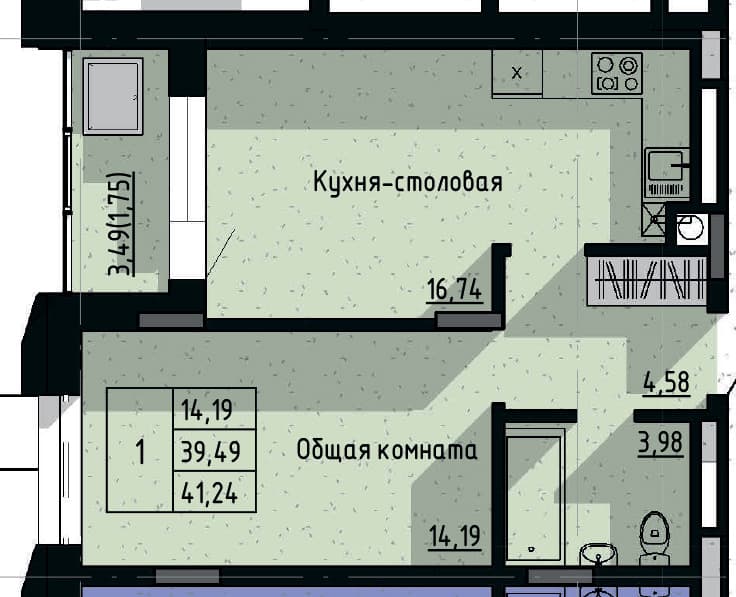 1 комн., 41.24 м²