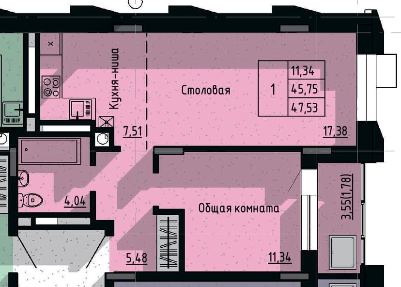 1 комн., 47.53 м²