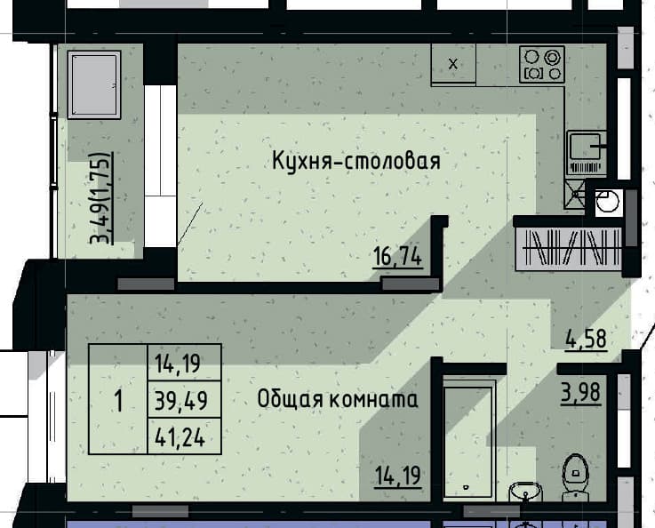1 комн., 41.24 м²