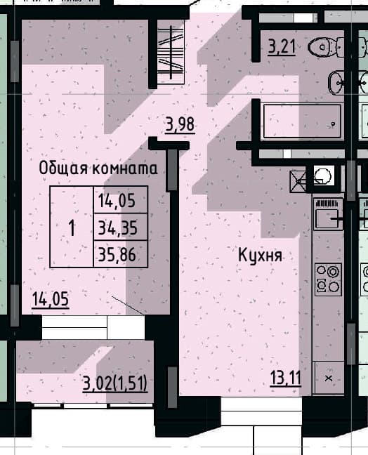 1 комн., 35.86 м²