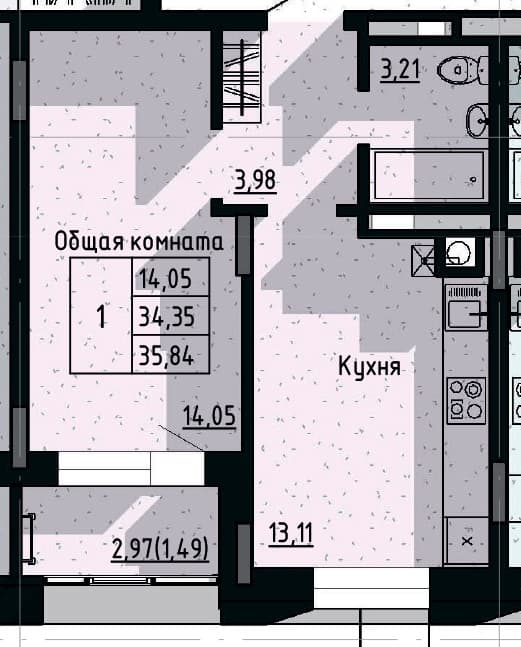 1 комн., 35.84 м²