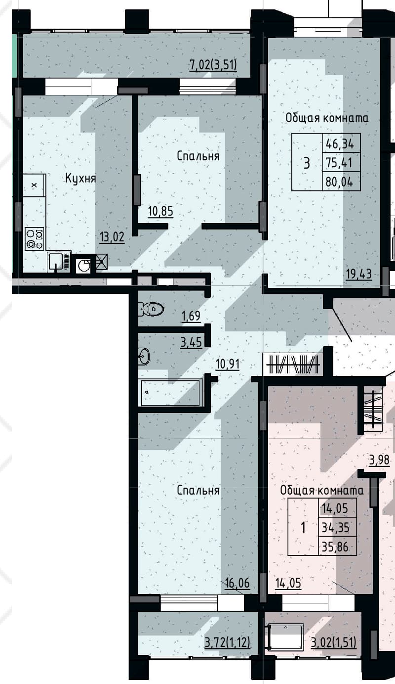 3 комн., 80.04 м²