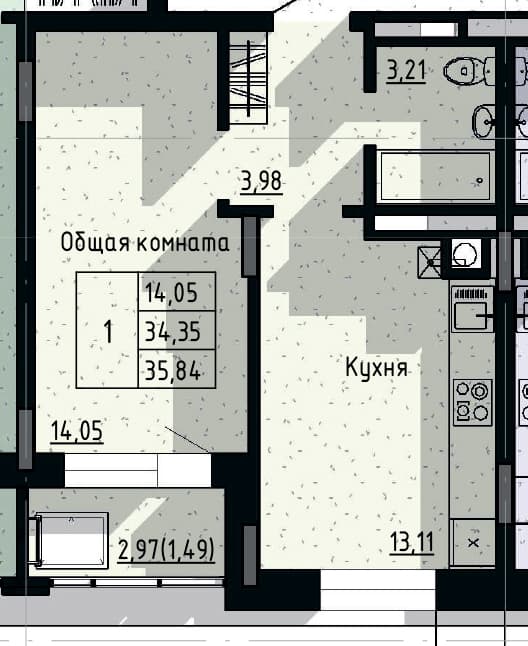 1 комн., 35.84 м²