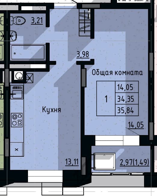 1 комн., 35.84 м²