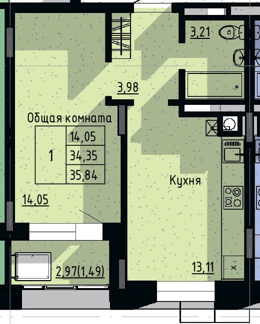 1 комн., 35.84 м²