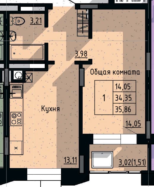1 комн., 35.86 м²
