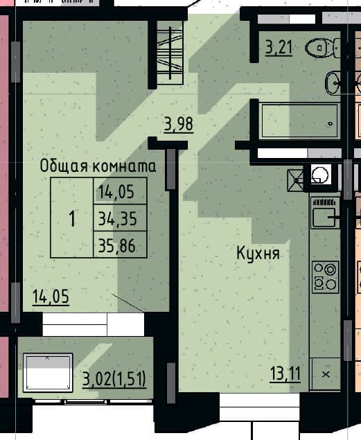 1 комн., 35.86 м²