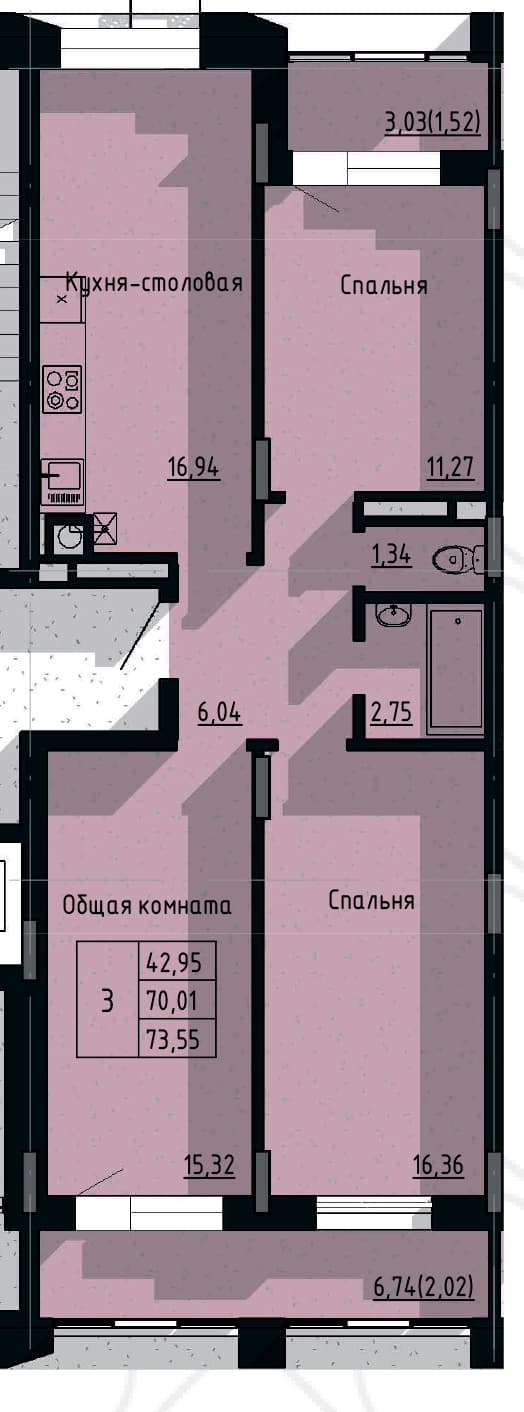 3 комн., 73.55 м²
