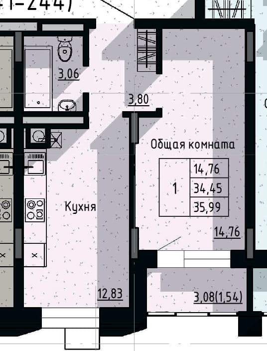 1 комн., 35.99 м²