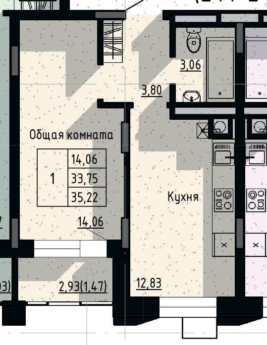 1 комн., 35.22 м²