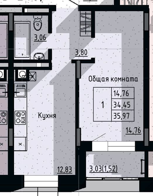 1 комн., 35.97 м²