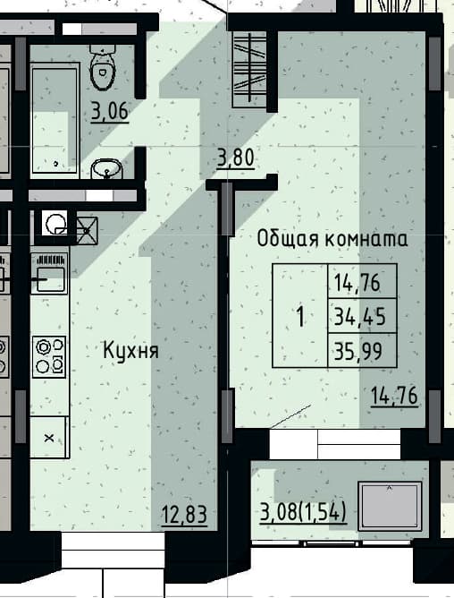 1 комн., 35.99 м²