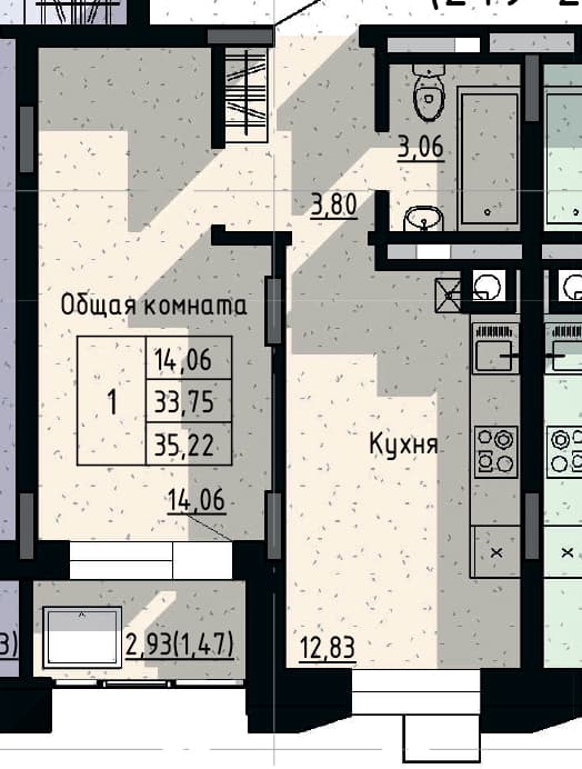1 комн., 35.22 м²