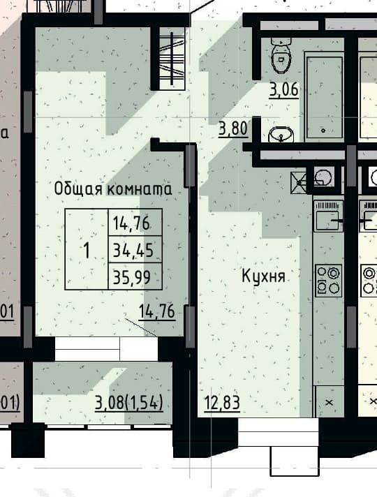 1 комн., 35.99 м²